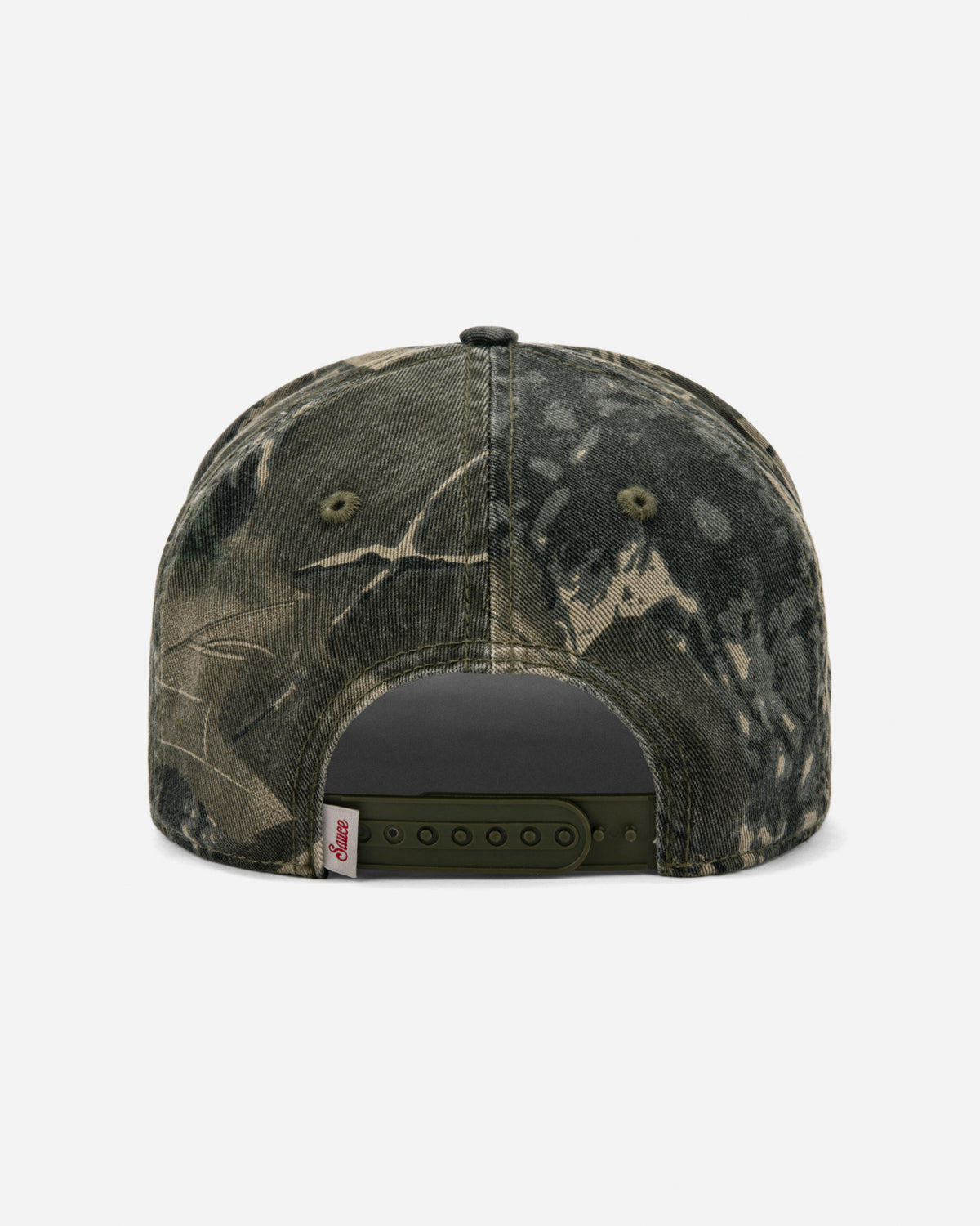 Back view of a baseball cap featuring a distressed camouflage pattern in olive green, black, and tan, with an adjustable snapback closure.