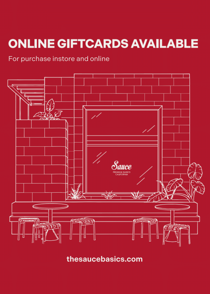 A red promotional graphic with white line art of a cafe exterior and text reading 'ONLINE GIFTCARDS AVAILABLE' and 'For purchase instore and online', plus 'thesaucebasics.com' at the bottom.