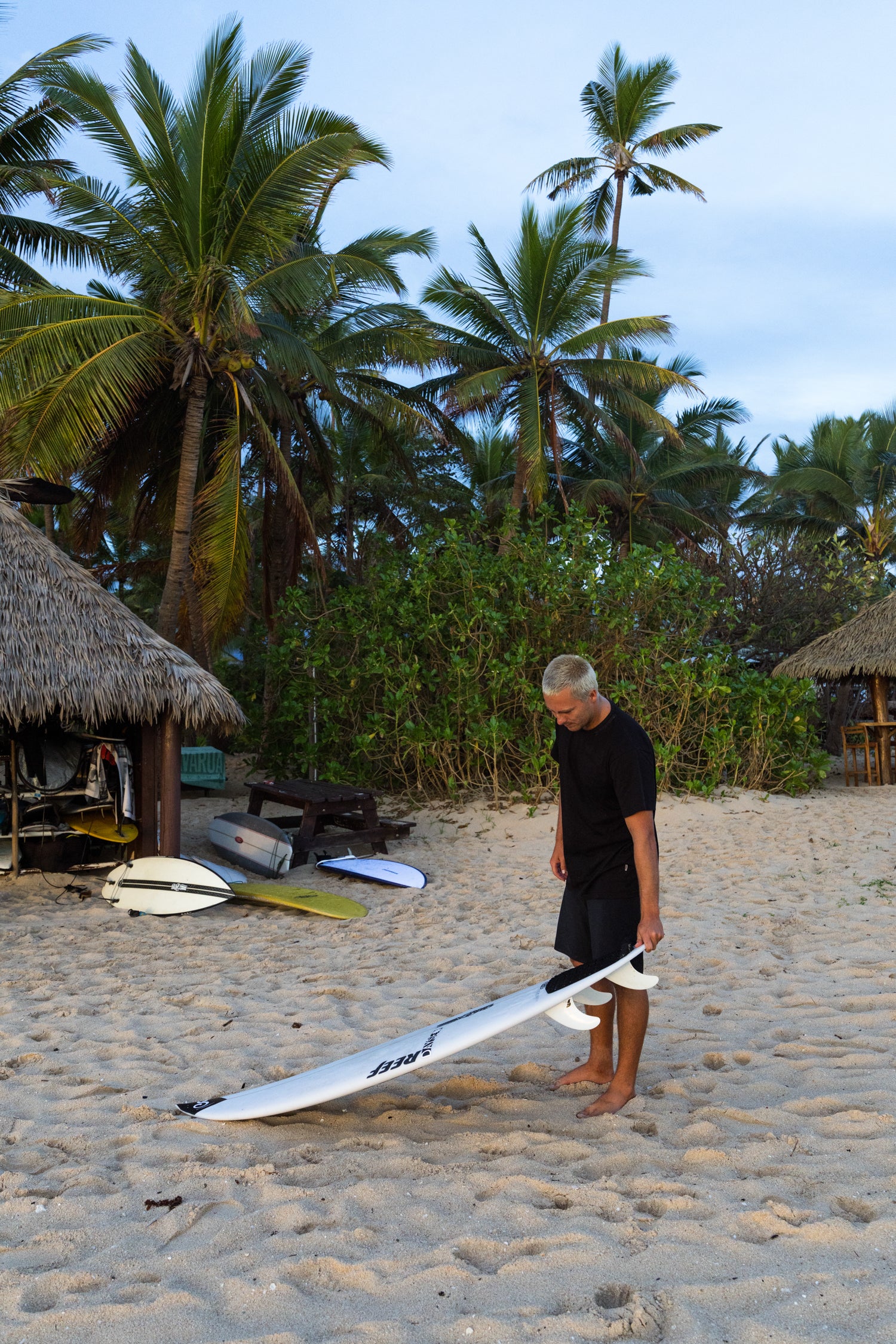 Man holding a surfboard on a beach with palm trees in the background