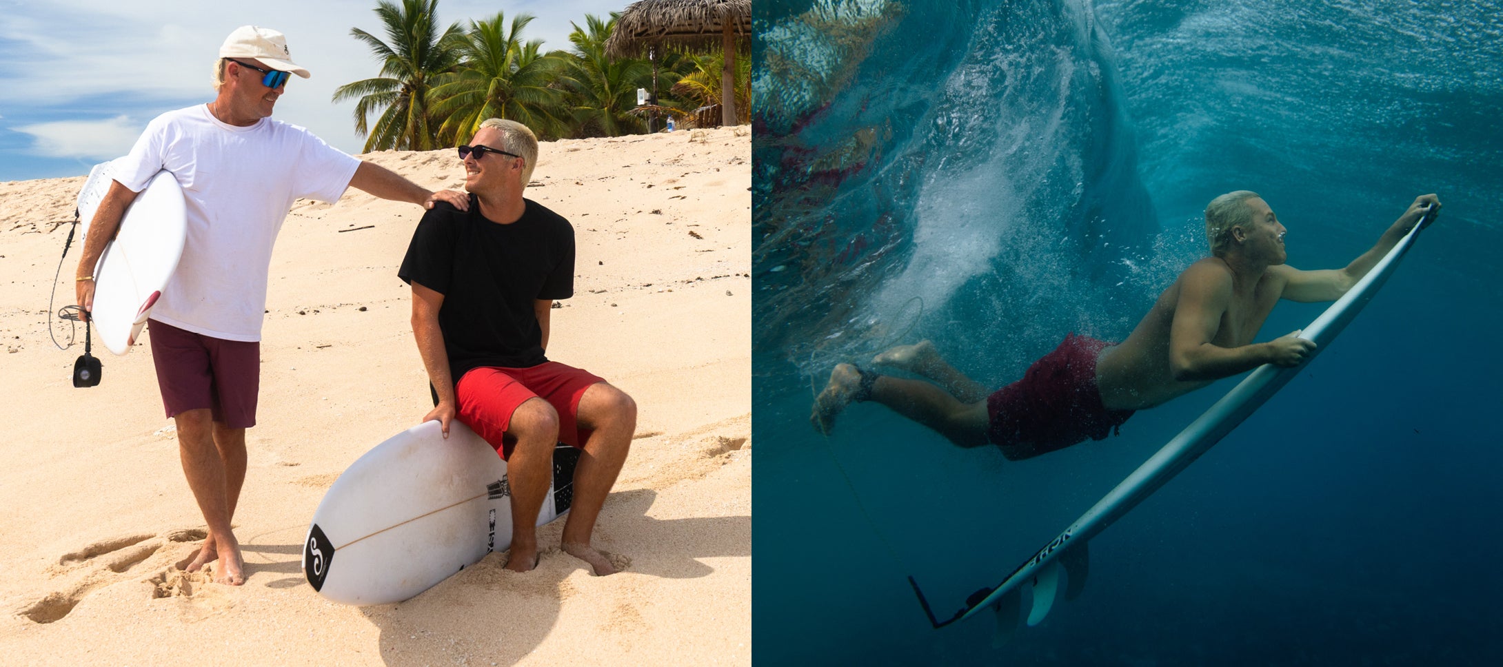 Split image of two men on a beach and a man duck diving under a wave