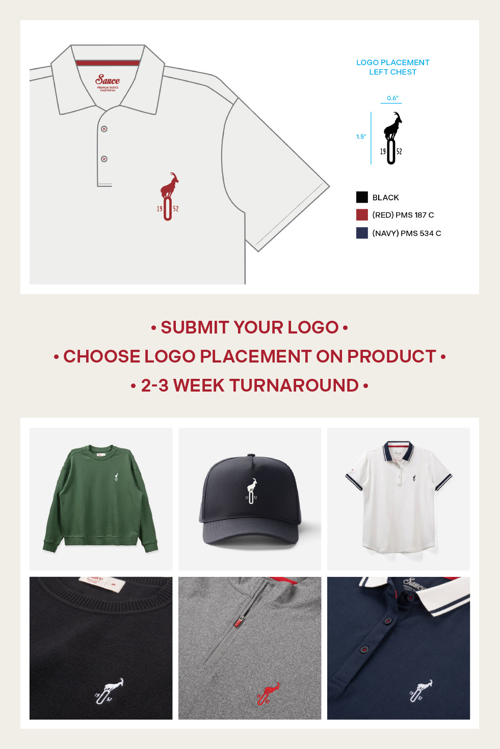 Promotional graphic for customizing polo shirts with a logo, showing various placements and product examples.