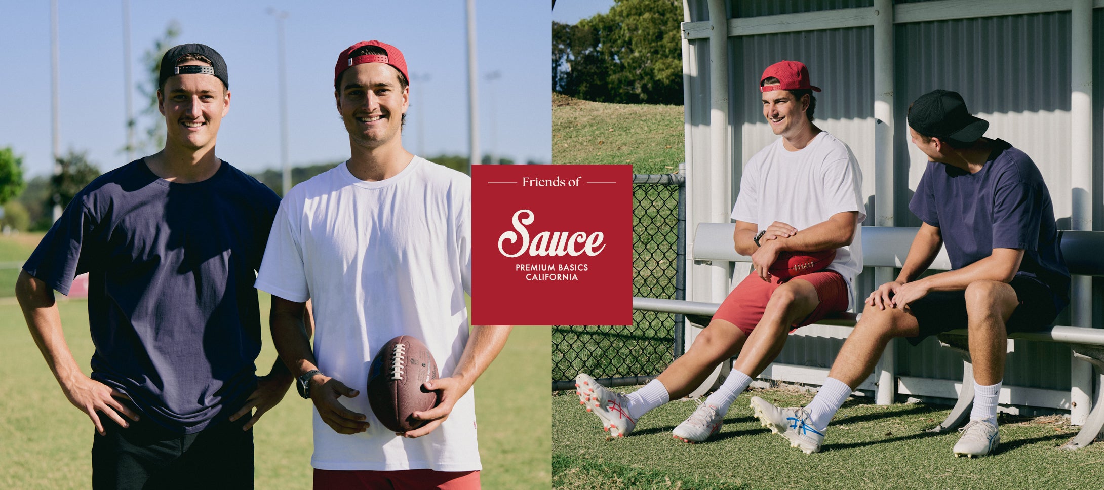A promotional banner featuring three young men in athletic wear on a sunny day, with one standing holding a football, two sitting on bleachers, and a central red square logo reading 'Friends of Sauce'.