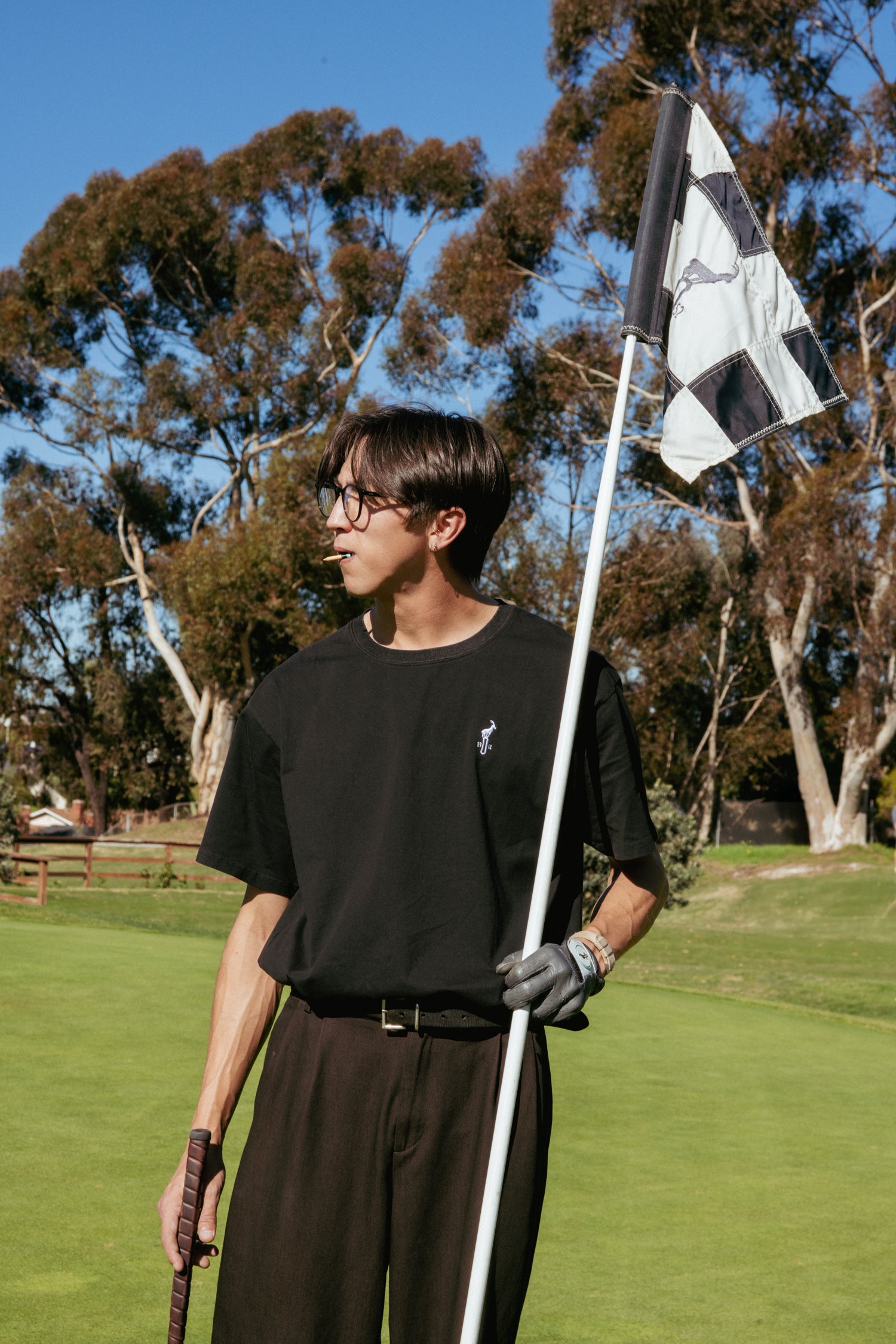 Person holding a golf flag on a golf course with trees in the background