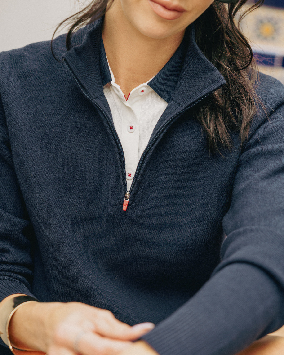 Womens Links Premium Knit Quarter Zip Navy Sweaters The Sauce Basics