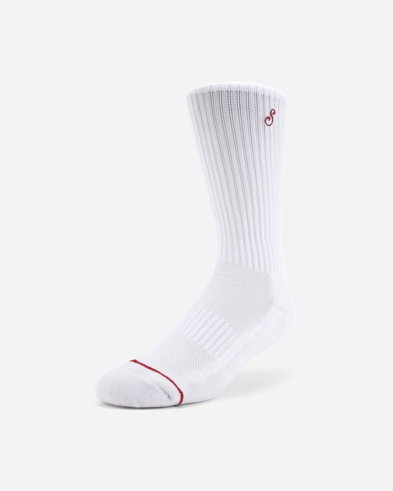 White sock with a red logo on a white background
