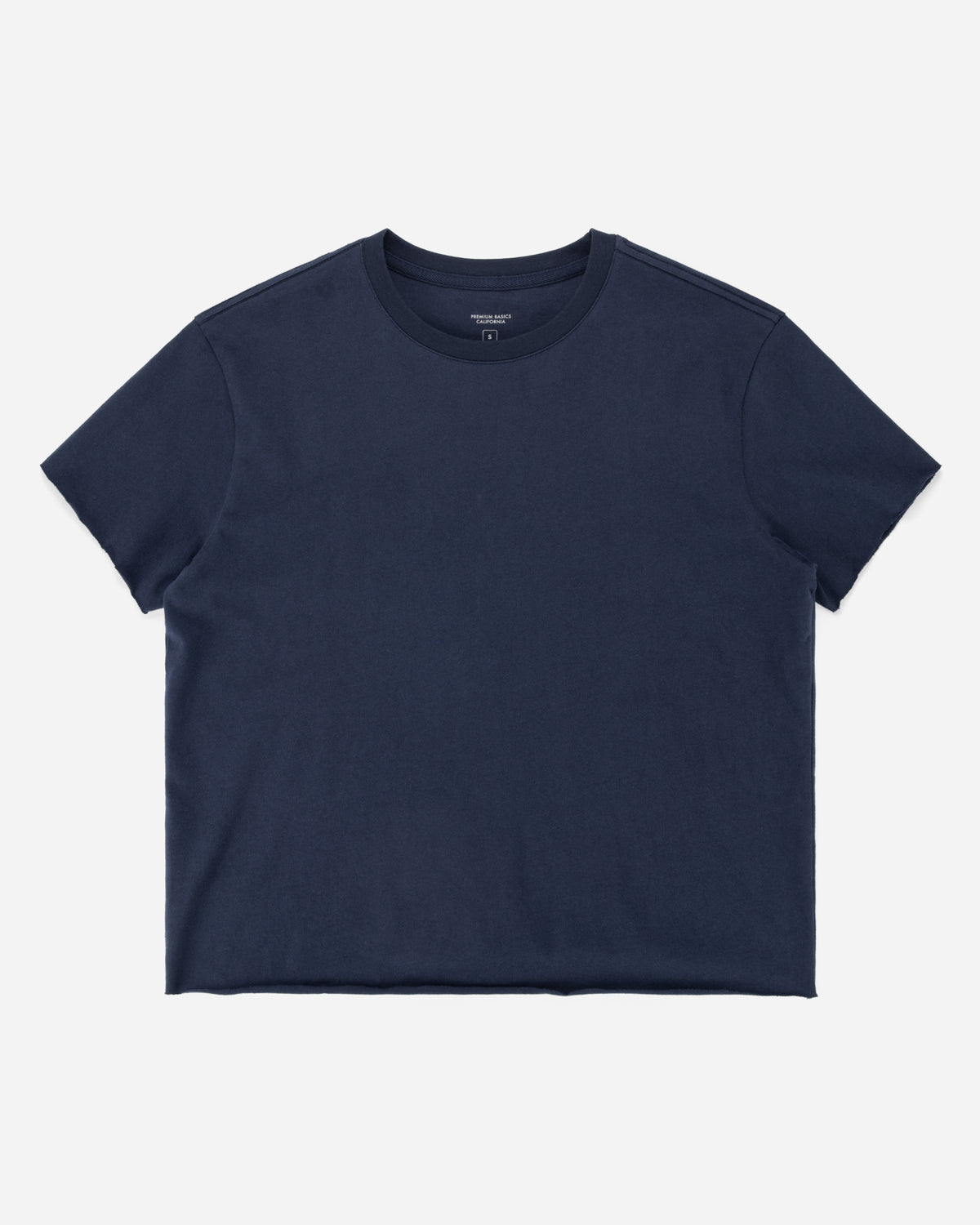 A navy blue short-sleeve crewneck t-shirt laid flat against a light gray background.