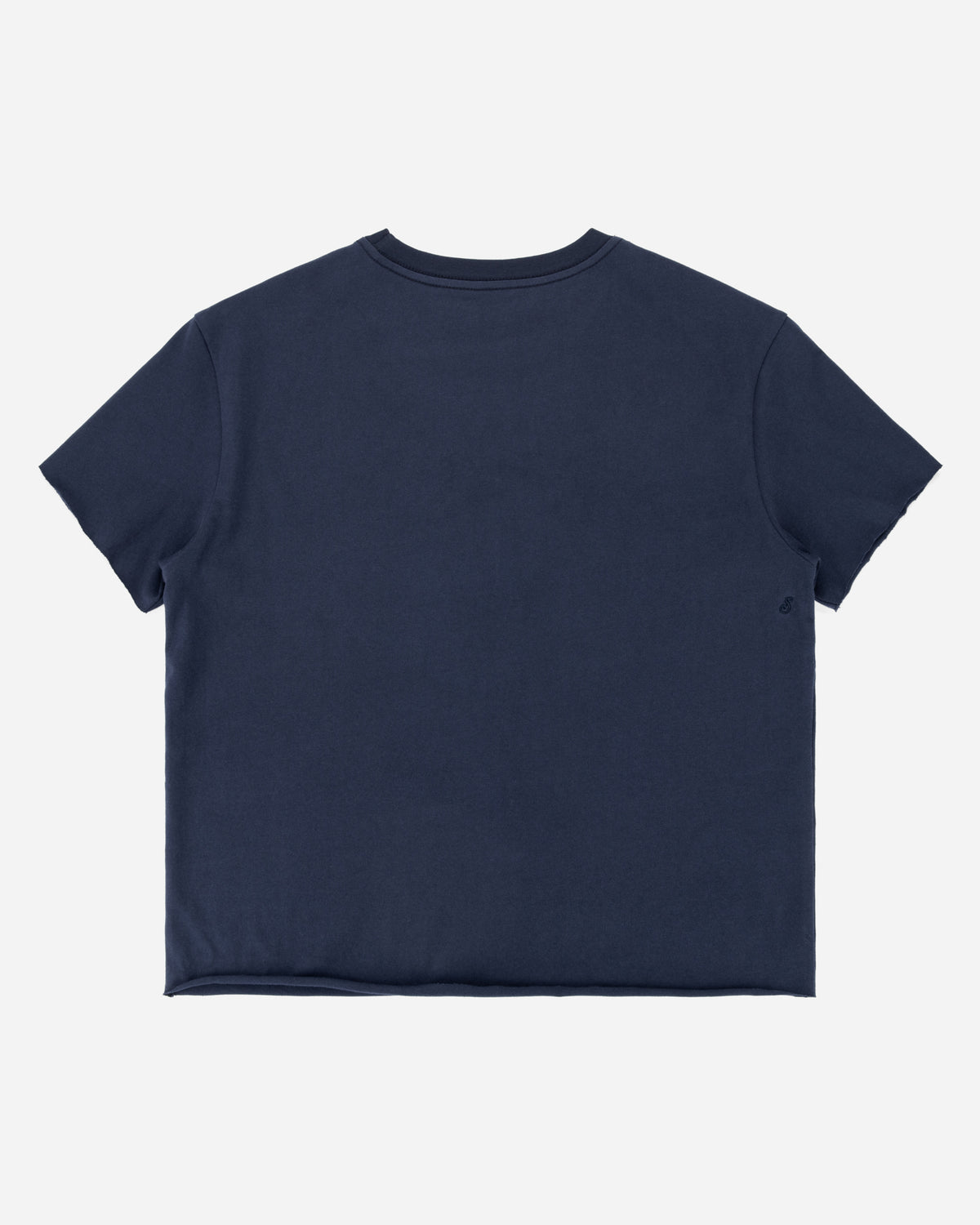 A navy blue short-sleeve crewneck t-shirt shown from the back, laid flat against a light gray background.
