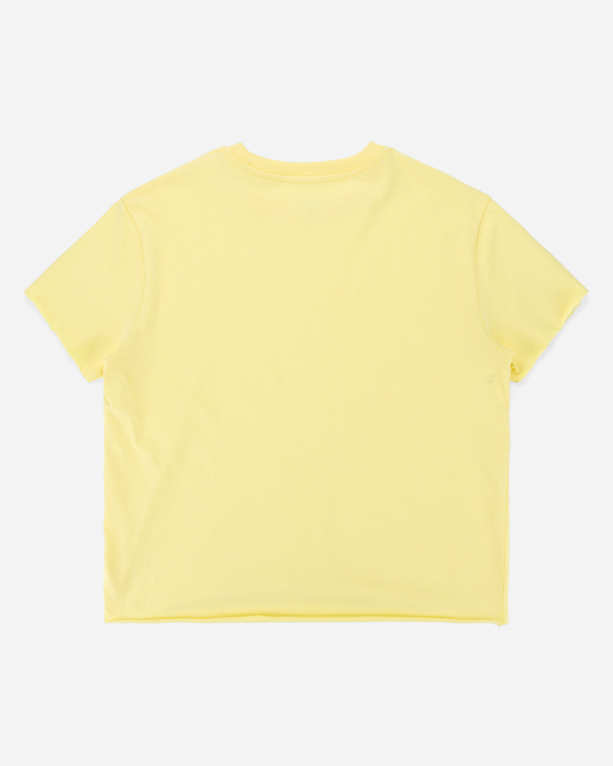 A pale yellow short-sleeve crewneck t-shirt shown from the back, laid flat against a light gray background.