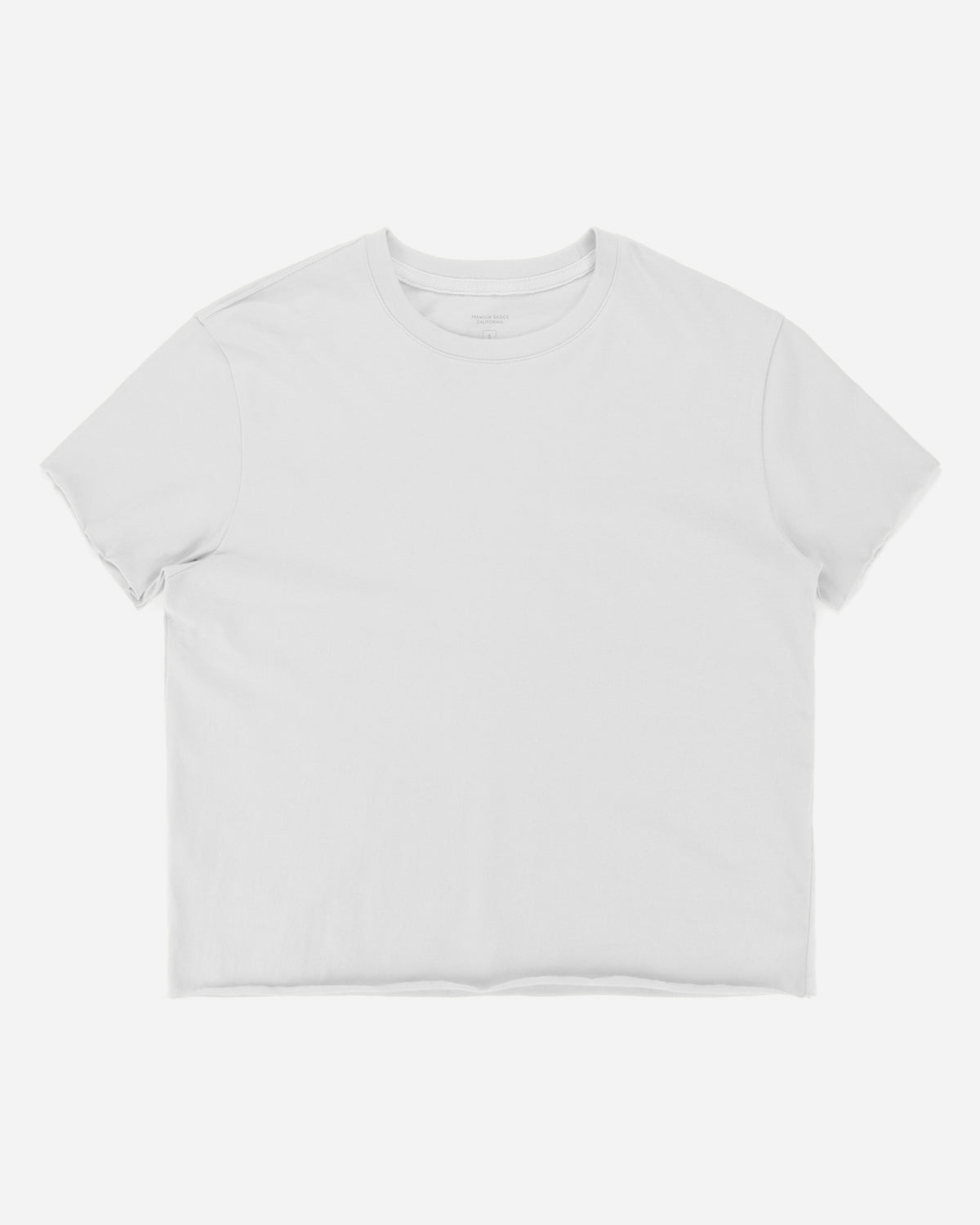A plain white short-sleeve crewneck t-shirt laid flat against a light gray background.