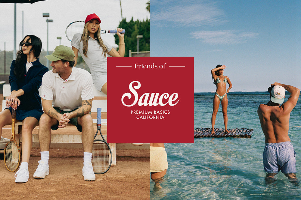 Man and 2 women sitting on a bench with tennis rackets. A man taking photos of a woman in a bikini with a red box and the Sauce logo in white text. 