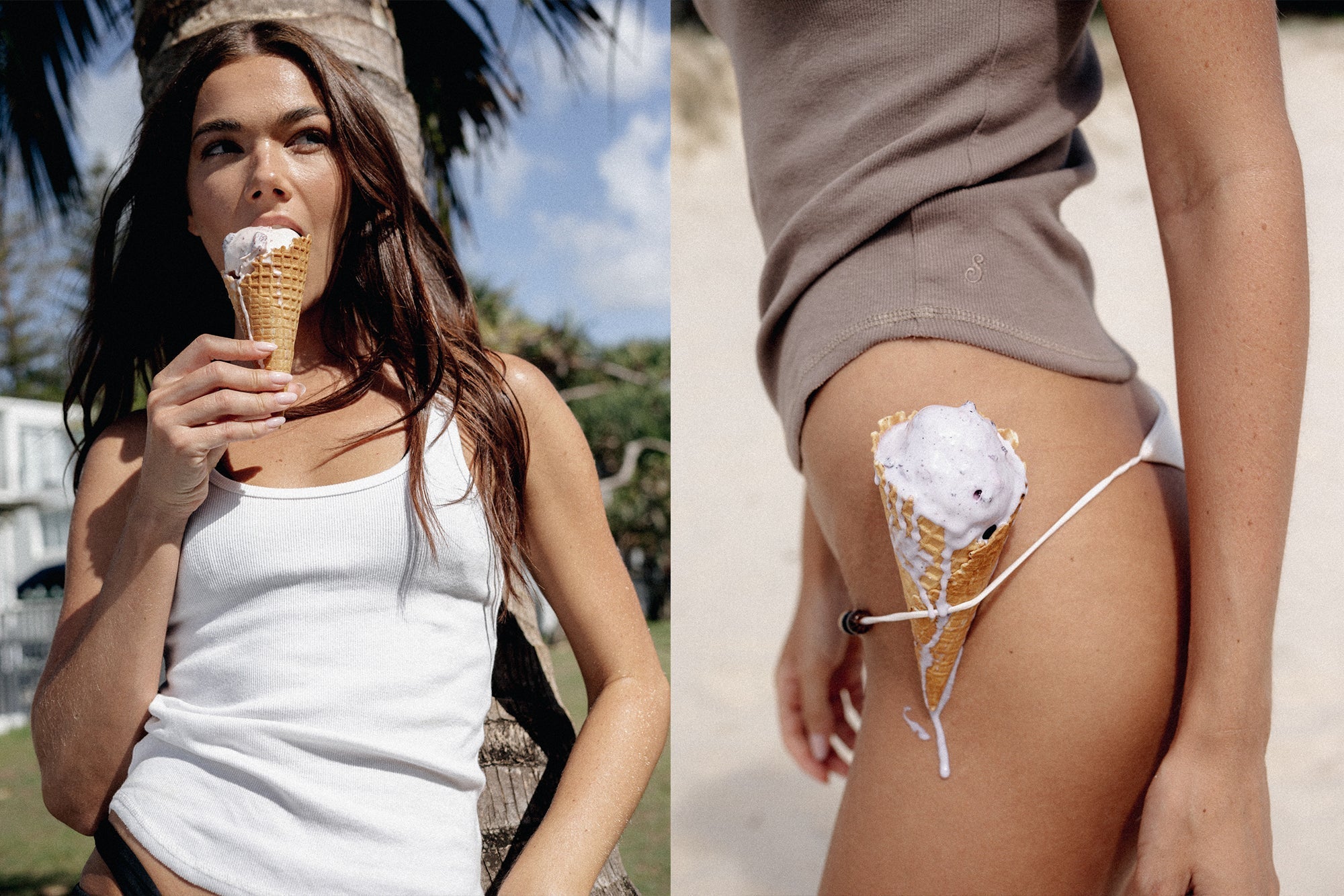 Woman eating an ice cream and a woman standing on a beach with an ice cream in the side of her swimsuit