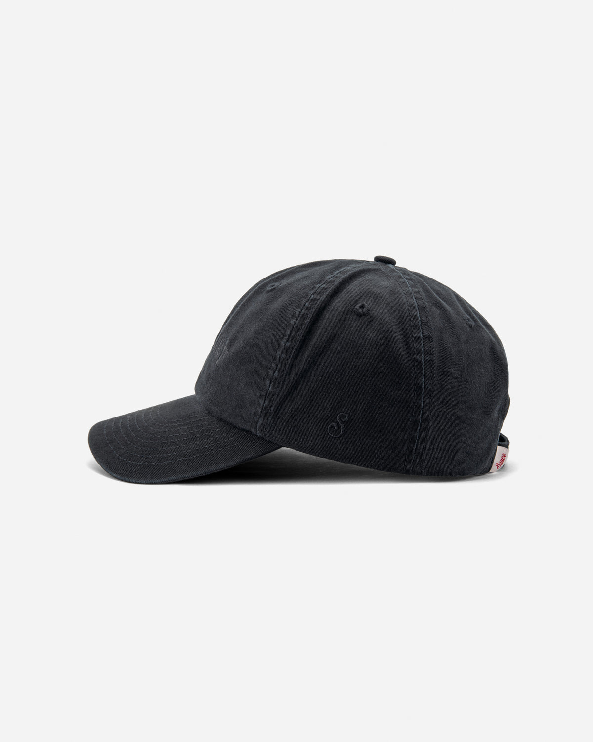 Black cap with a red and yellow logo on a white background