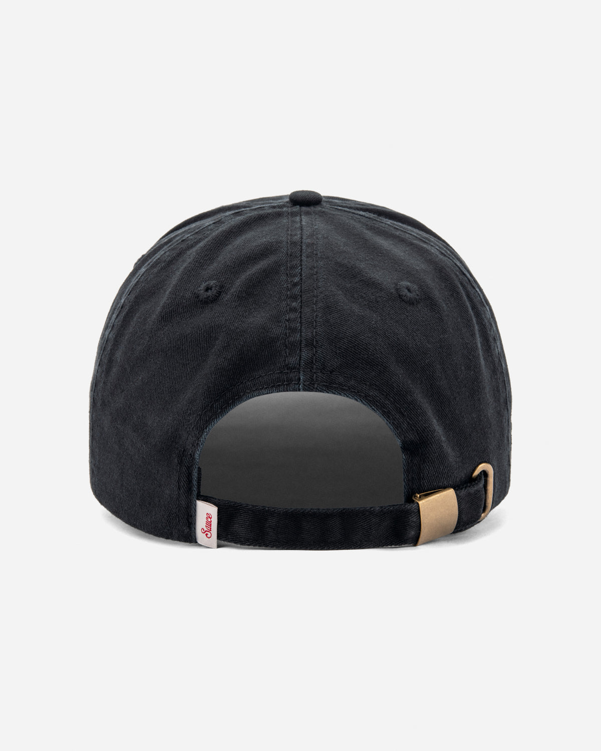 Rear view of a black baseball cap with an adjustable black strap and a tan metal buckle, shown on a light gray background.