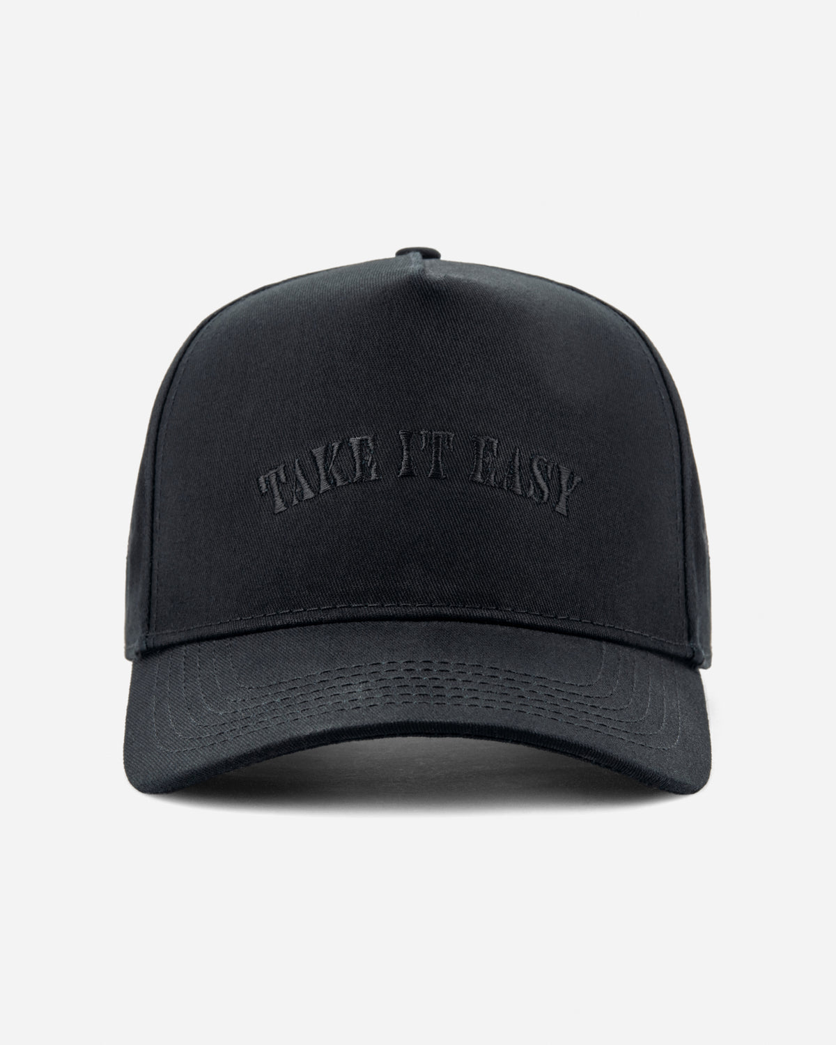 A black baseball cap with 'TAKE IT EASY' embroidered in black across the front, shown against a plain light gray background.