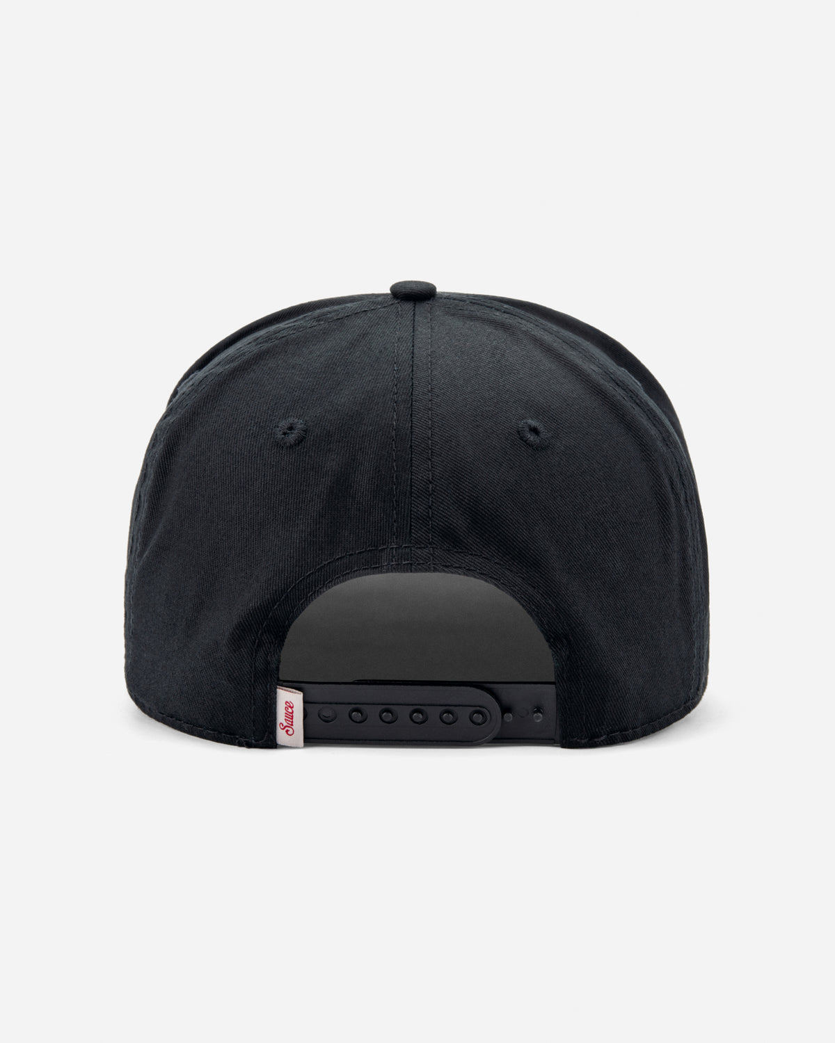 Rear view of a black snapback cap on a light gray background.