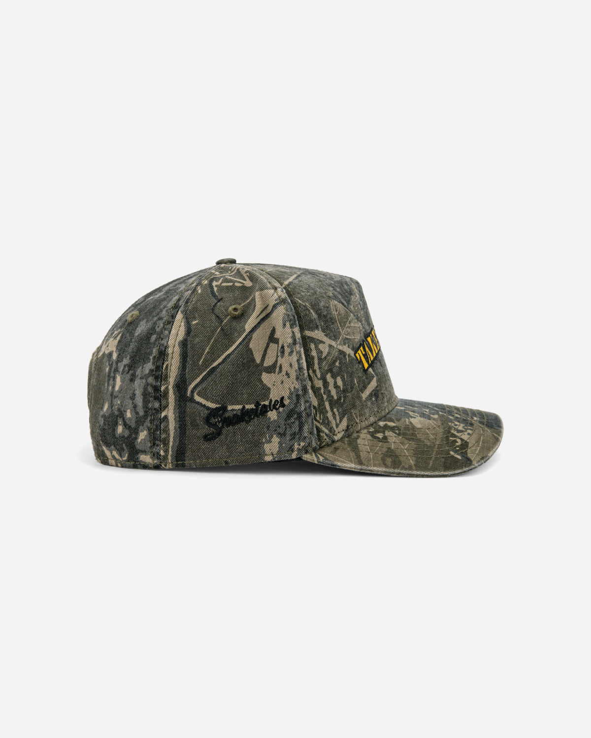 A camouflage baseball cap with a yellow embroidered 'Twitch' logo on the side, shown against a plain light gray background.