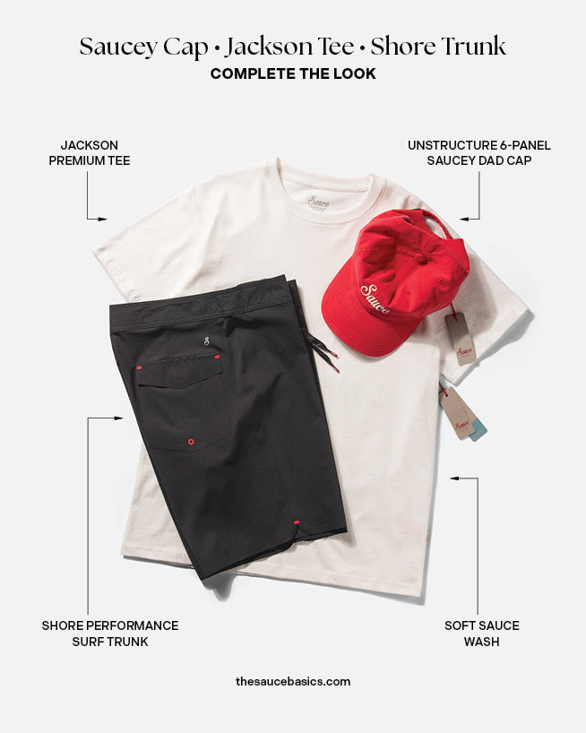 Outfit with white t-shirt, black shorts, red cap, and text labels on a white background