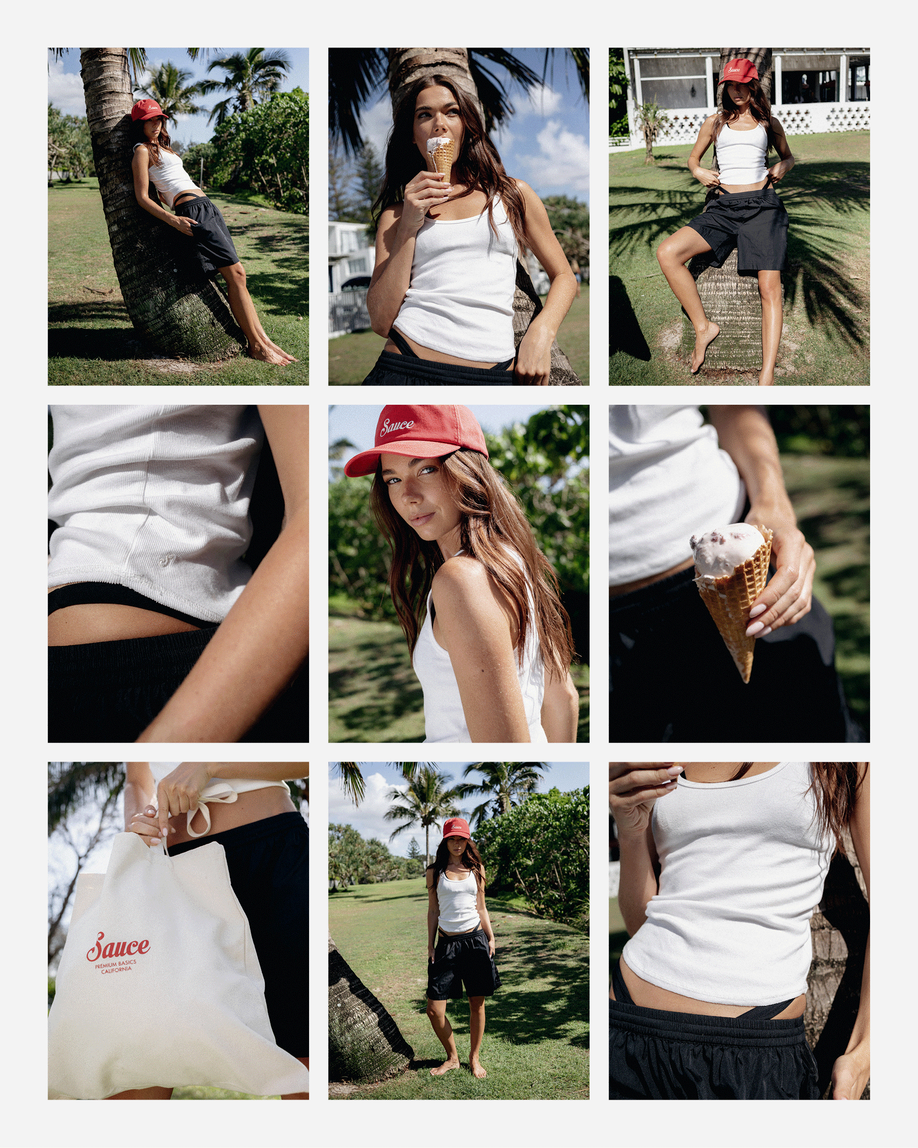 Alternating images of the lucy scoop on a model. She is on the beach and also leaning up against a palm tree in various images. 