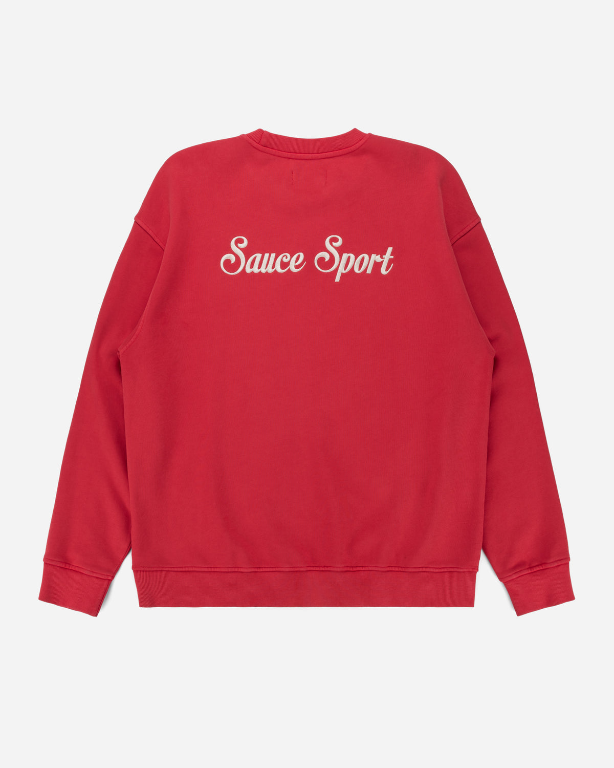 A red crewneck sweatshirt shown from the back, featuring the words 'Sauce Sport' printed in white cursive across the upper back, set against a light gray background.