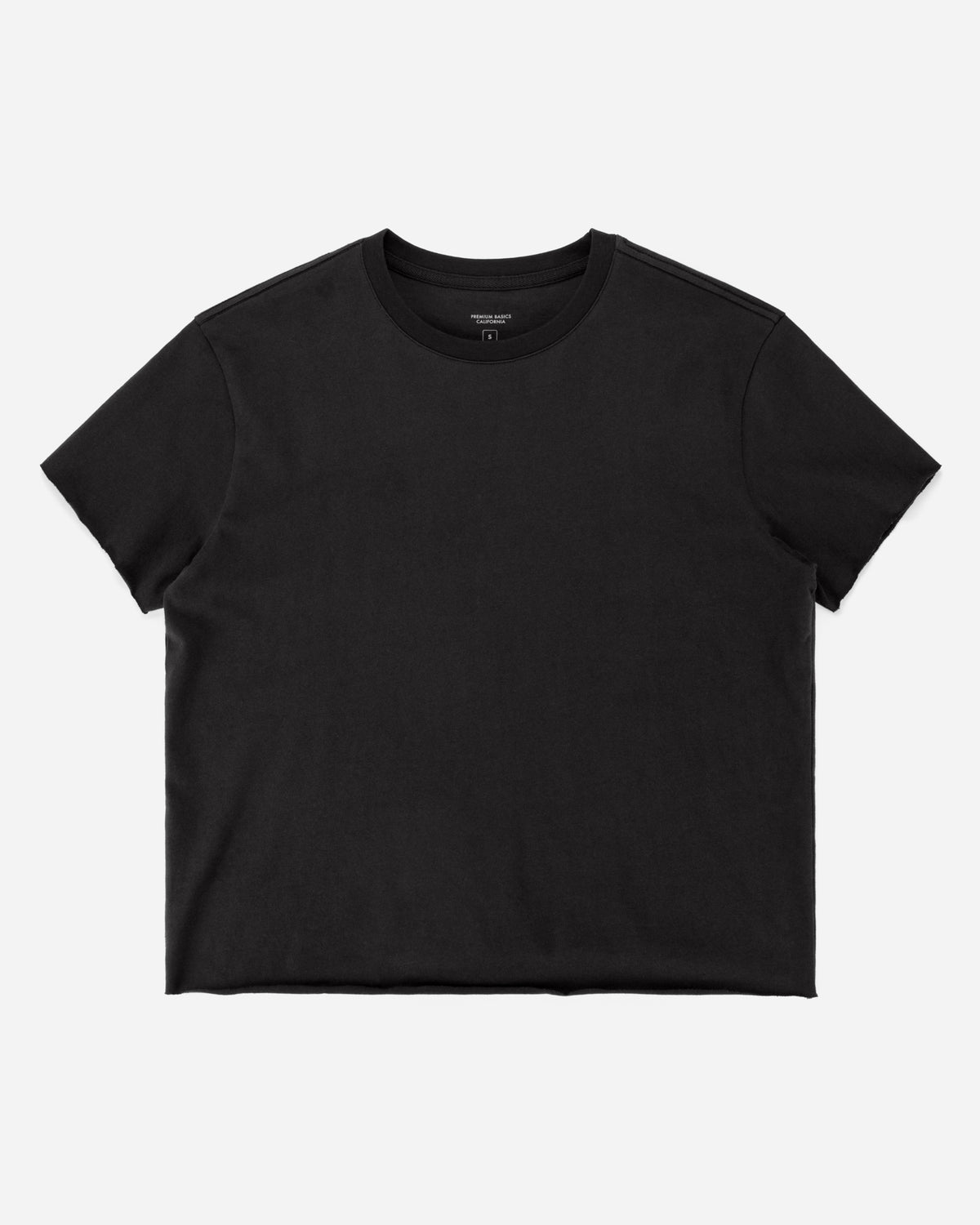 A black short-sleeve crewneck t-shirt laid flat against a light gray background.