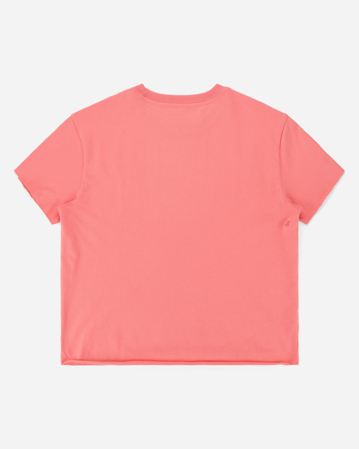 A coral pink short-sleeve crewneck t-shirt shown from the back, laid flat against a light gray background.