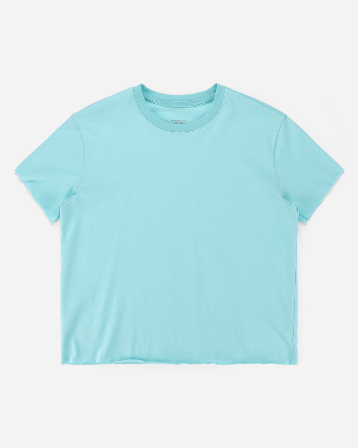 A light blue short-sleeve crewneck t-shirt laid flat against a light gray background.