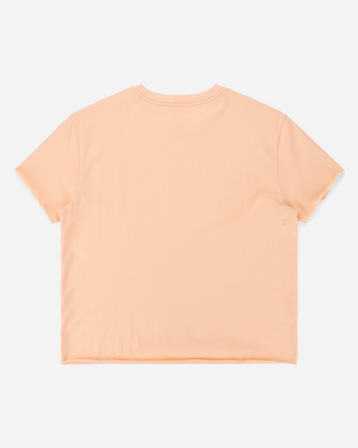 A peach-colored short-sleeve t-shirt shown from the back, laid flat against a light gray background.