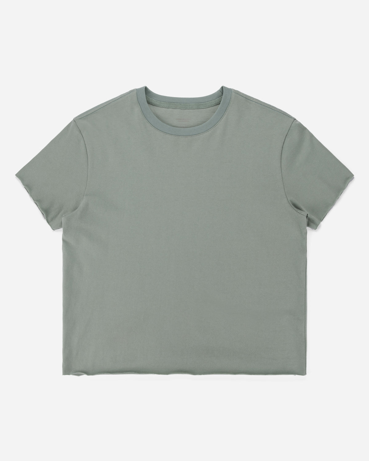 A short-sleeve crewneck t-shirt in a muted sage green color, laid flat against a light gray background.